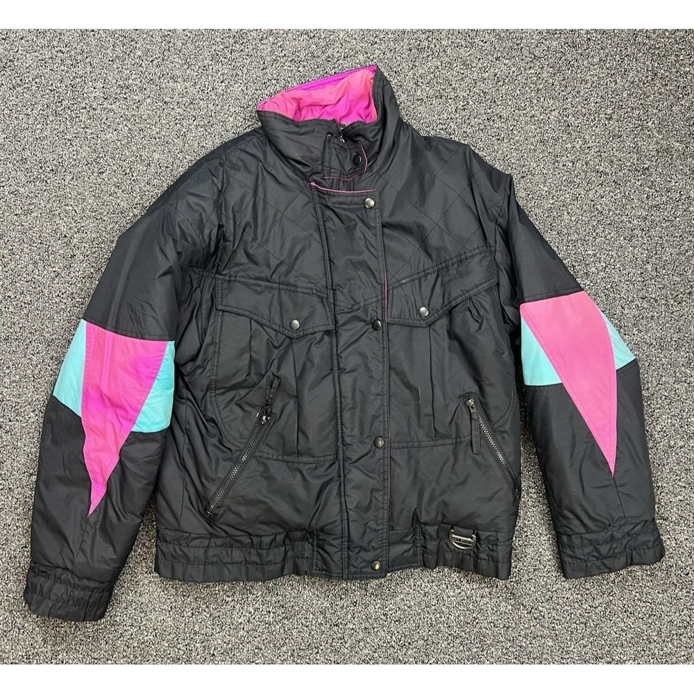 Vintage 80s 90s Color Block Ski Jacket Hot Music Purple Teal Black Large coat